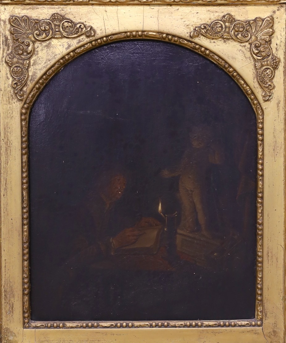 19th century English School after Wright of Derby, oil on wooden panel, Student sketching by lamp light, 27 x 22cm